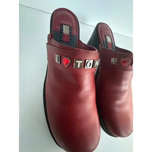 Vtg Y2K 90’s Tommy Hilfiger Slip On Chunky Leather‎ Mules Womens 11M Bejeweled